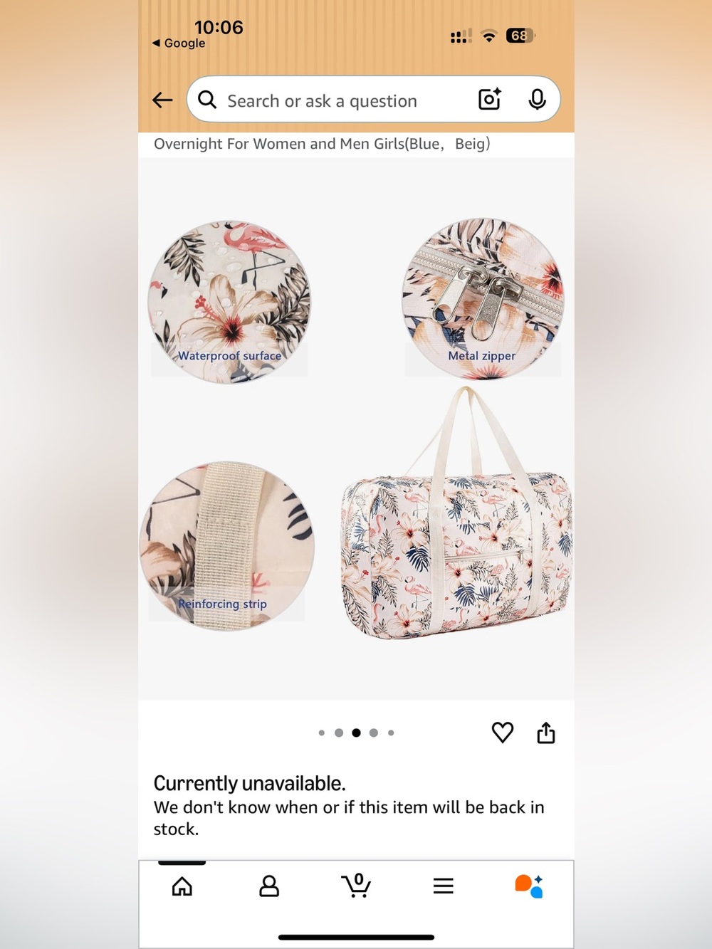 Narwey Beige Flamingo Foldable Travel Duffel Bag. Tropical flamingos & hibiscus. - Picture 5 of 15